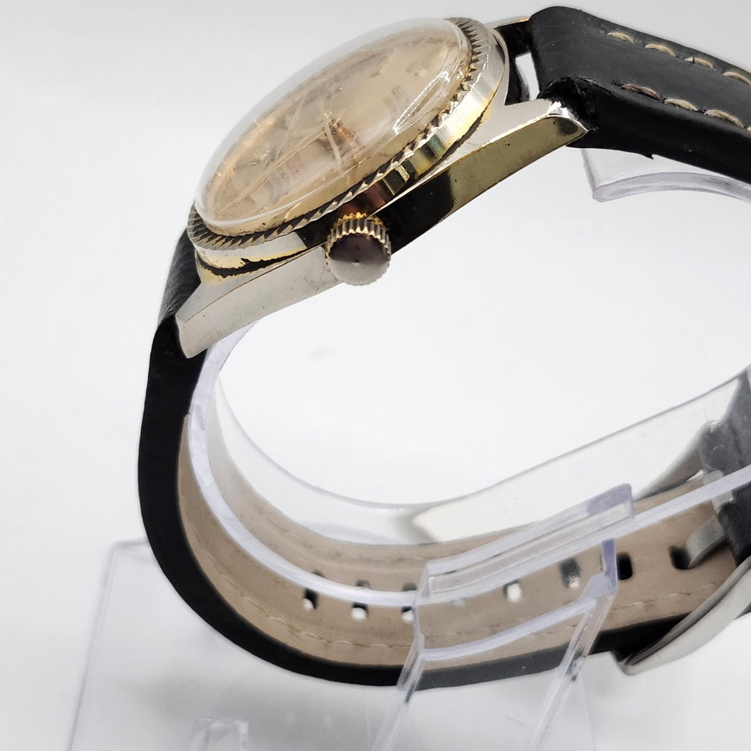 Genova De Luxe 21 Jewels Mechanical Watch Fluted Bezel & Black Leather Strap