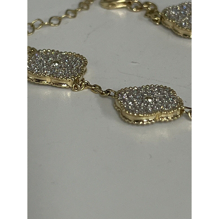 Fashion 14k Gold And Zirconia Solid Flower Bracelet 7.5”