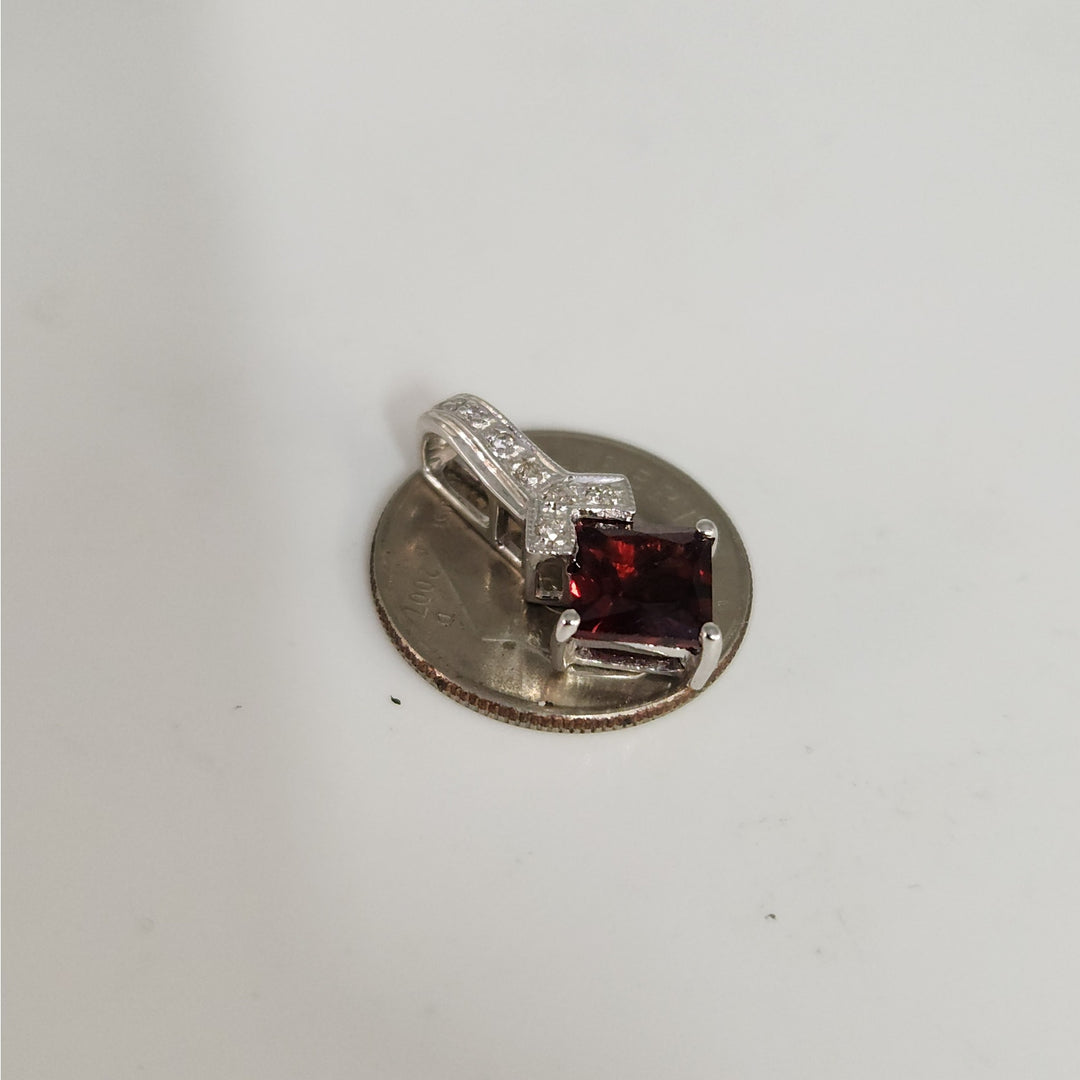 14k White Gold Natural Garnet & Diamond Pendant Princess Cut