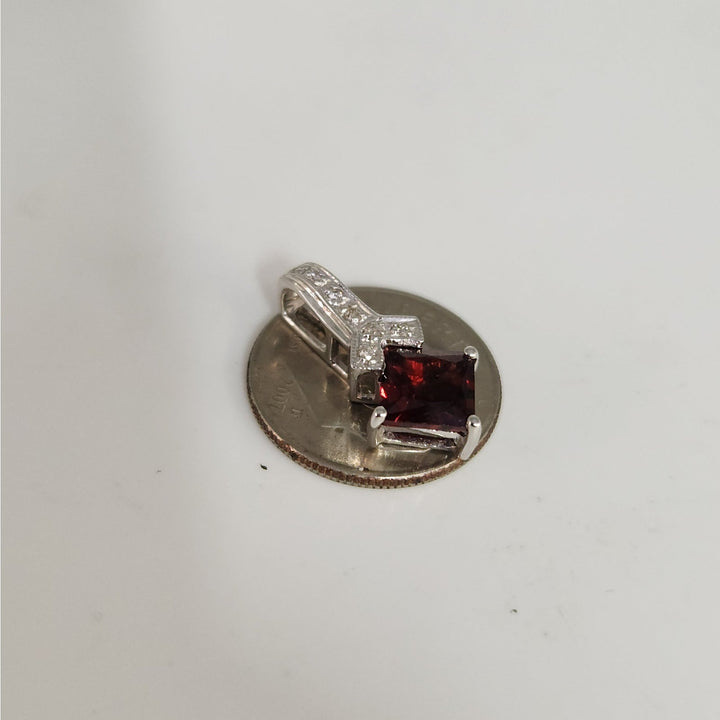 14k White Gold Natural Garnet & Diamond Pendant Princess Cut