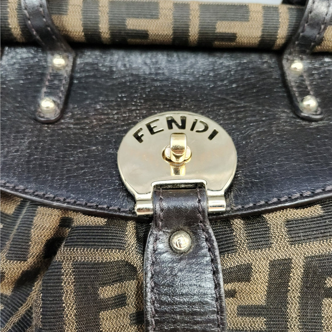 Vintage Fendi Zucca Monogram Top Handle HandBag With Gold Tone Turn Lock