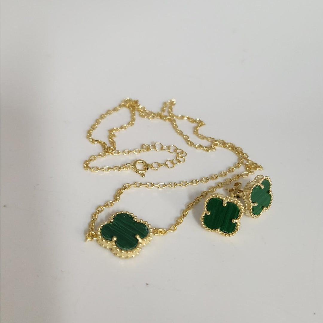 925 Silver Malachite Flowers Jewelry Set With Gold Tone Necklace And Earrings