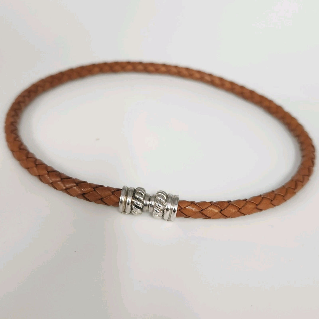 Judith Ripka Braided Brown Leather Choker With Sterling Magnet Clasp 15.5"
