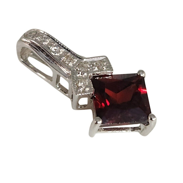 14k White Gold Natural Garnet & Diamond Pendant Princess Cut
