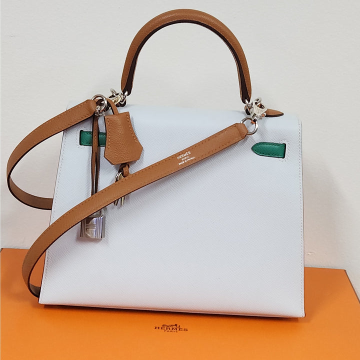 Hermès Kelly 25 Sellier Tri-Color Bleu Brume/Vert Jade/ Gold Epsom Leather Palladium Hardware/U Stamp 2022/Entrupy Authenticated