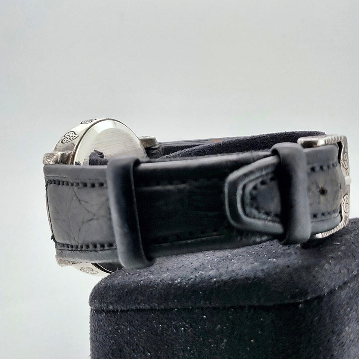 John Hardy Sterling Silver Heart Pattern Black Leather Quartz Watch