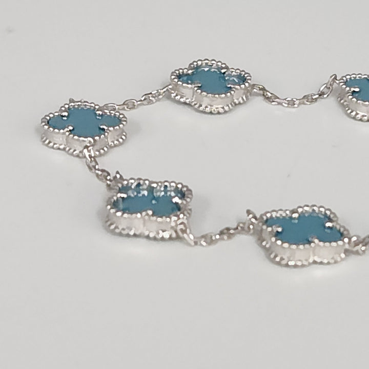 Fashion Silver Bracelet With Turquoise Floral Clover Links 7.5"