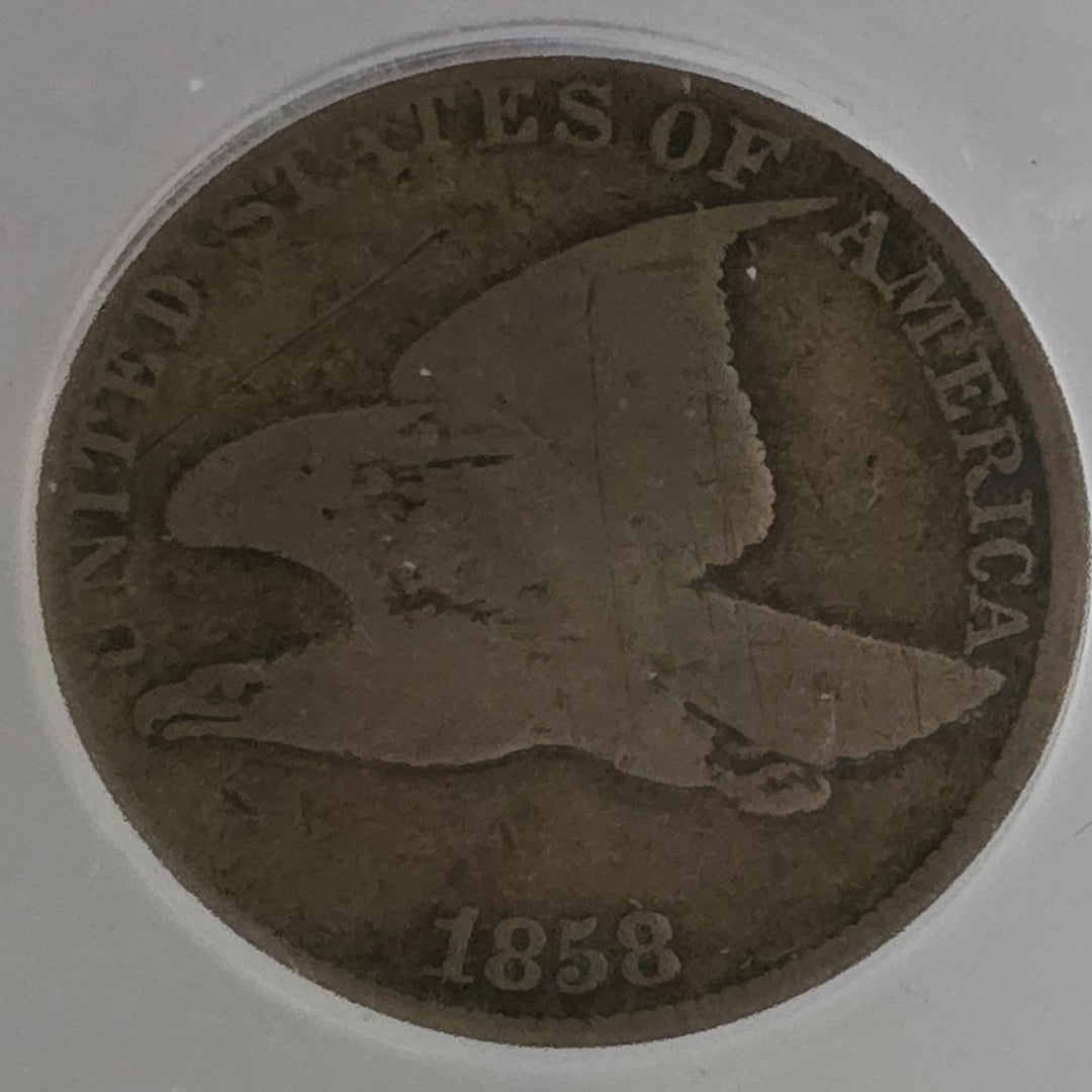 1858 1c Large Letters Flying Eagle Cent Good 4 ANACS Penny Scratched Details
