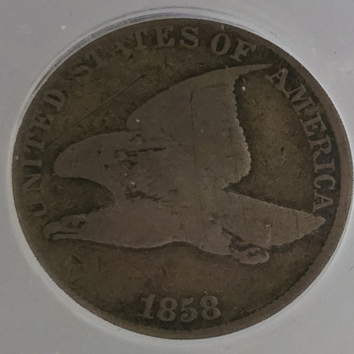 1858 1c Large Letters Flying Eagle Cent Good 4 ANACS Penny Scratched Details