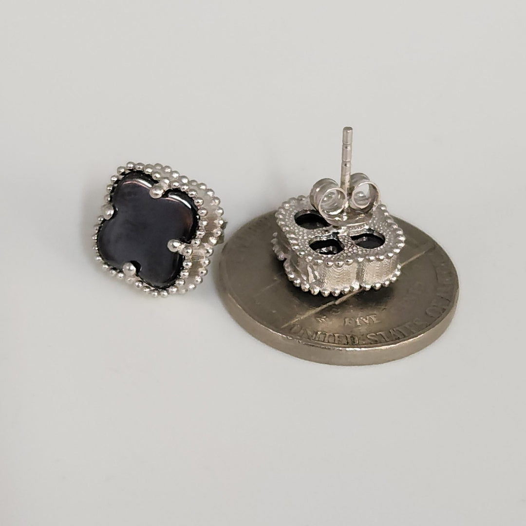 Fashion Silver Onyx Clover Motifs Stud Earrings