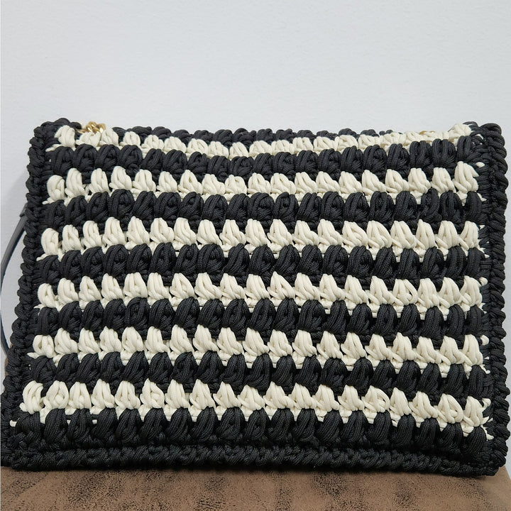 Ferragamo black & white handwoven shoulder bag  gold chain strap signature bow