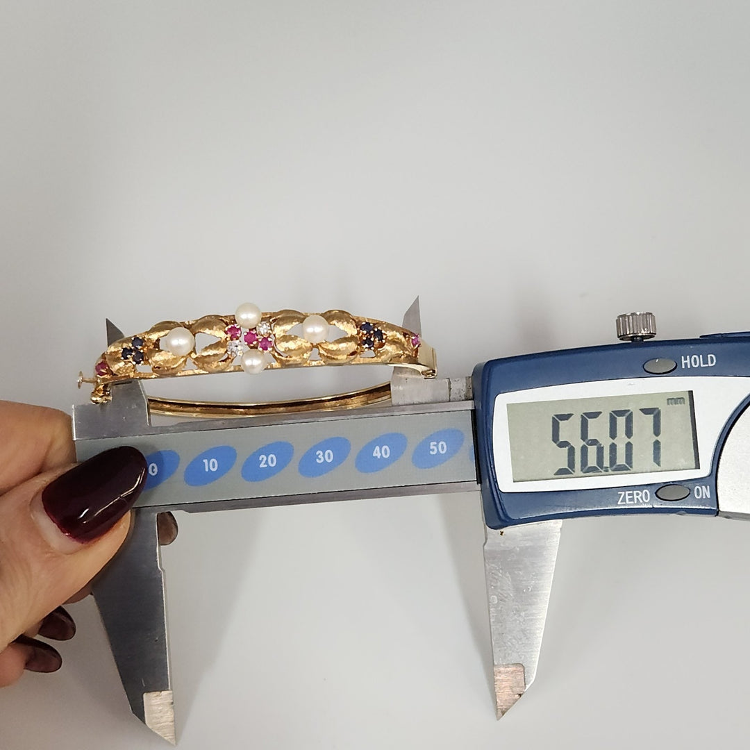 Antique 14k Yellow Gold Diamond,Pearls,Ruby &Sapphire Bangle Bracelets