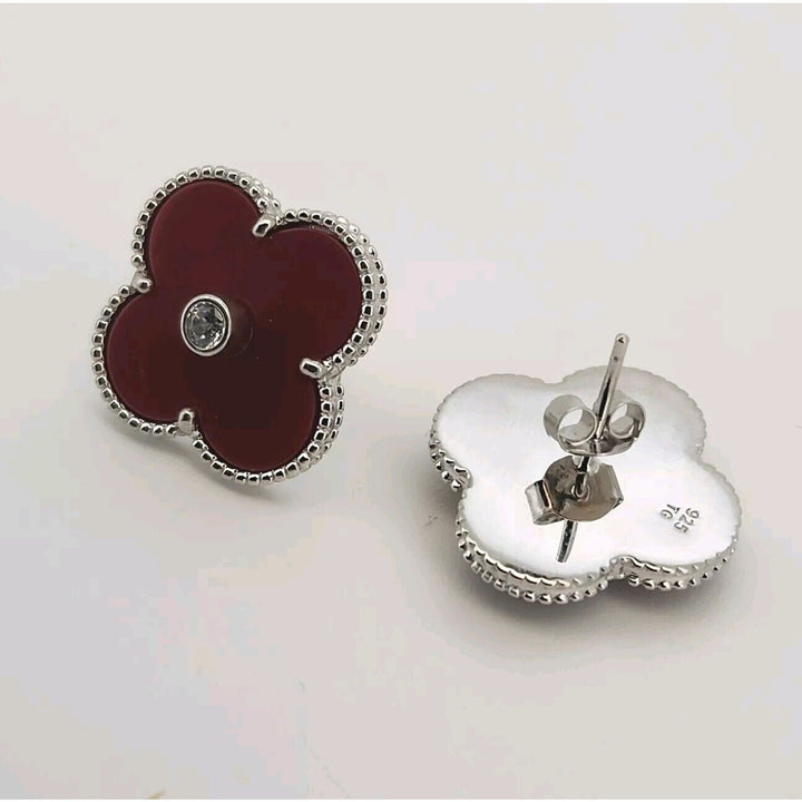 925 sterling silver Red Agate Zirconia Stud Flower Earrings