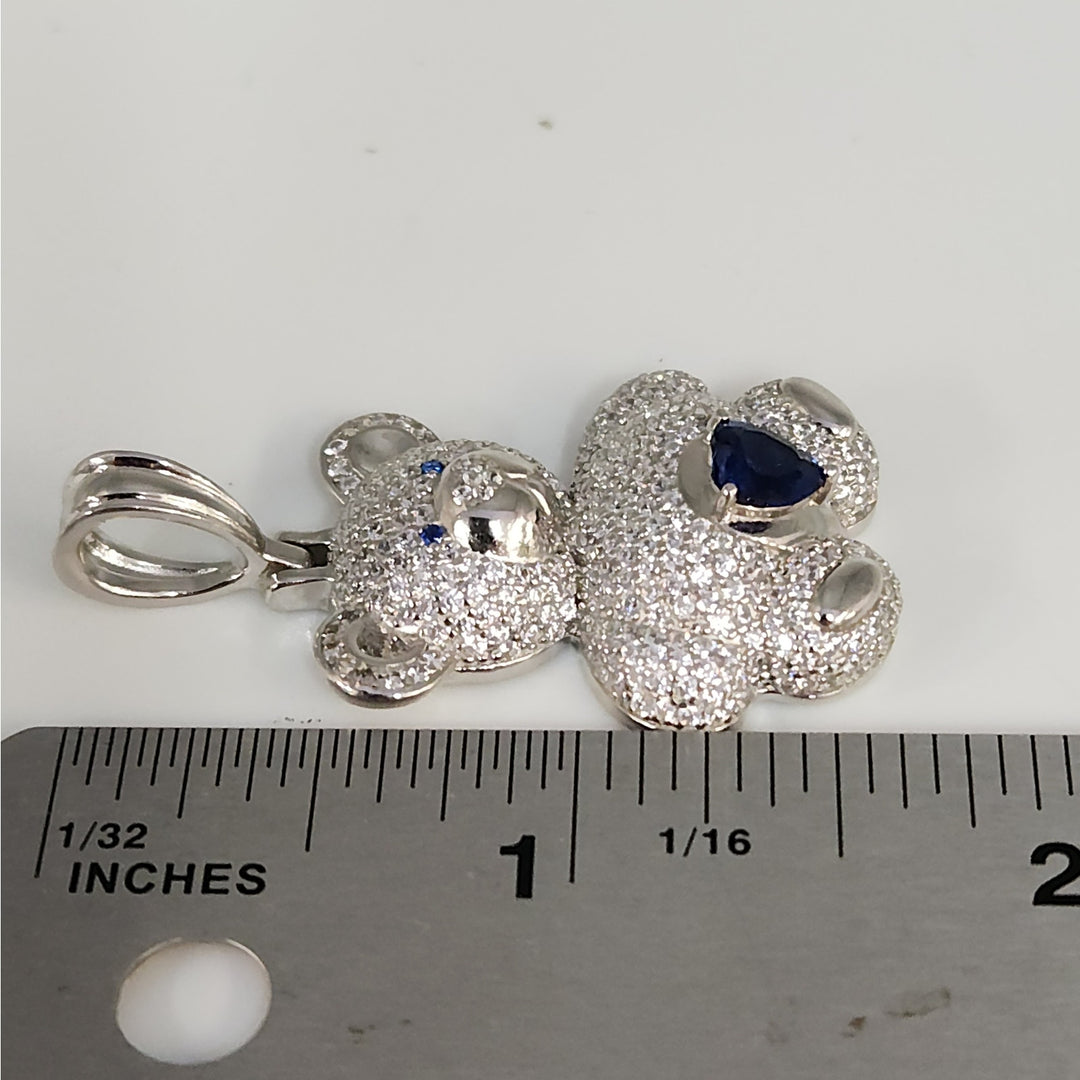 925 Sterling Silver Teddy Bear Pendant With Blue Heart Stone And CZ Accents