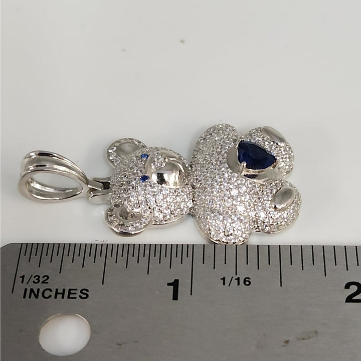 925 Sterling Silver Teddy Bear Pendant With Blue Heart Stone And CZ Accents