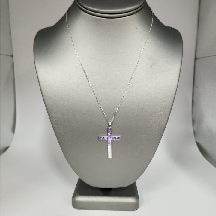 925 Sterling Silver Purple & White Crystal Cross Pendant Necklace18"