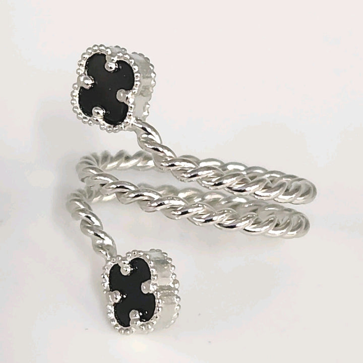 Elegant Silver Double Onyx Clover Adjustable Ring