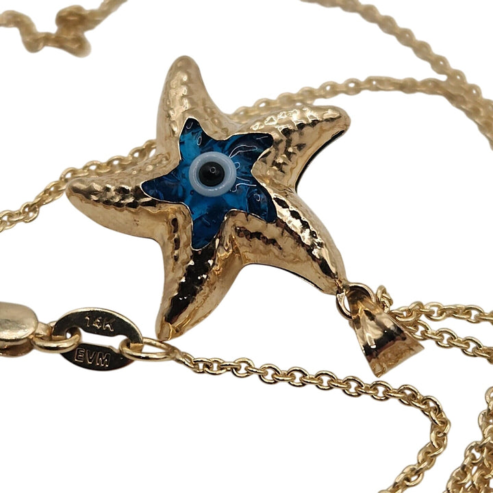 14k Yellow Gold Blue Evil Eye Star Goodluck Pendant Necklace 18"