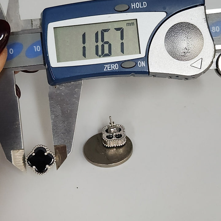 Fashion Silver Onyx Clover Motifs Stud Earrings