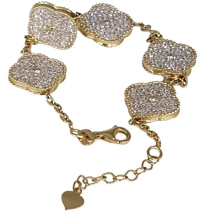 Fashion 14k Gold And Zirconia Solid Flower Clover Bracelet 7.5”