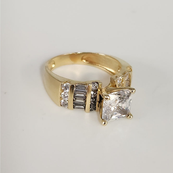 14k Yellow Gold Princess-Cut CZ Ring with Baguette Accents- Size 6