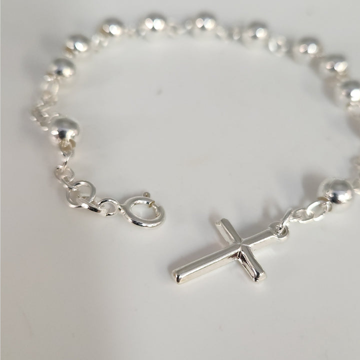 925 Sterling Silver Rosary Bead Cross Bracelet 7.5"