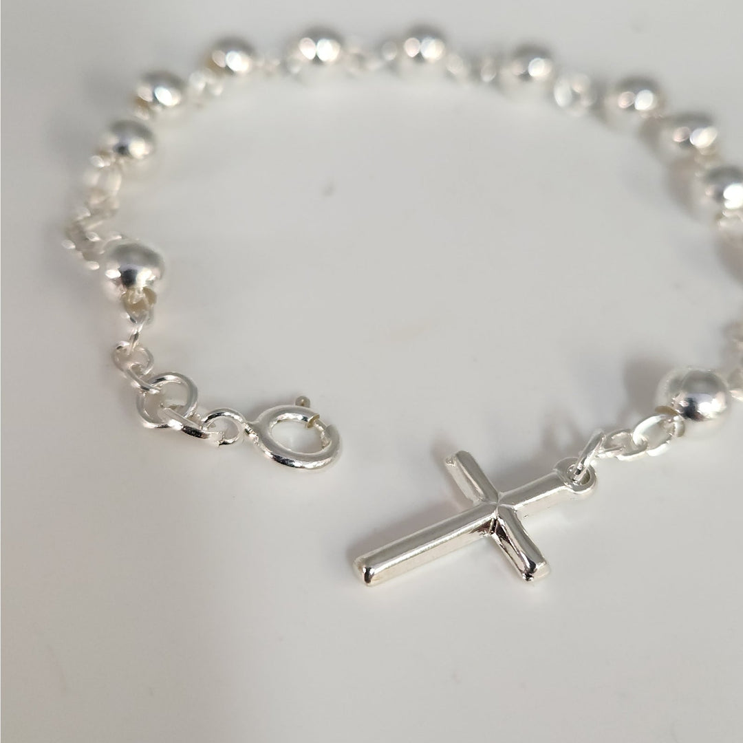925 Sterling Silver Rosary Bead Cross Bracelet 7.5"