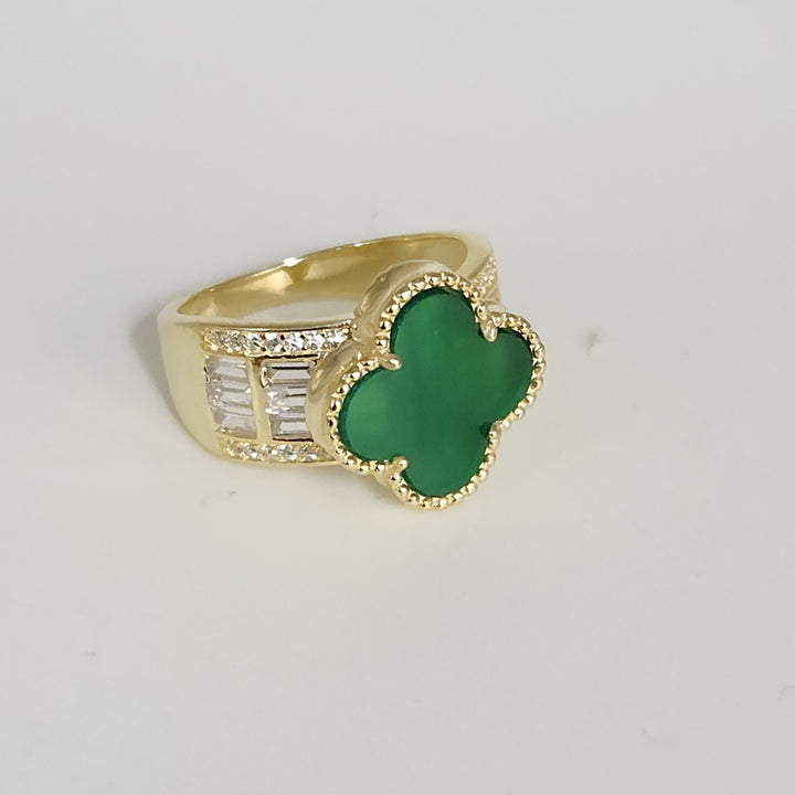 Luxury Gold Plated 925 Silver Clover Ring With Natural Malachite And Zirconia...