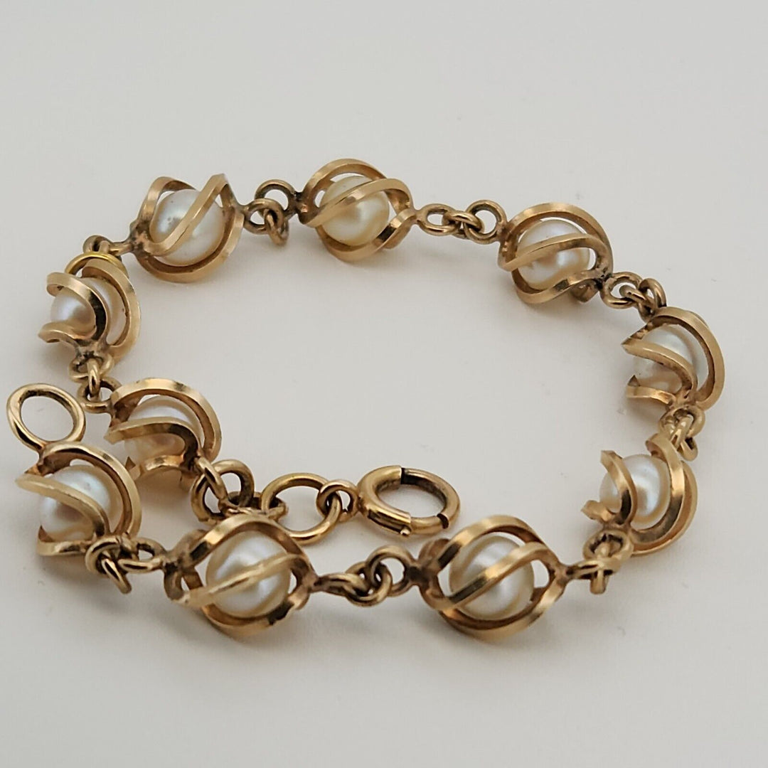 Vintage 14k Yellow Gold Natural Pearl Bracelet 7.2" , 12.7g From The 1950th