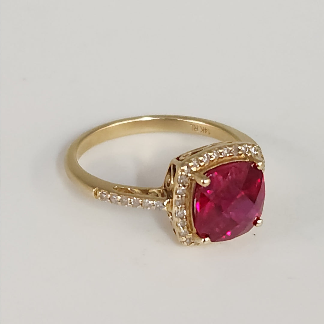 Vintage 14k Cushion Cut Ruby & Diamond Halo  Ring size 6.75