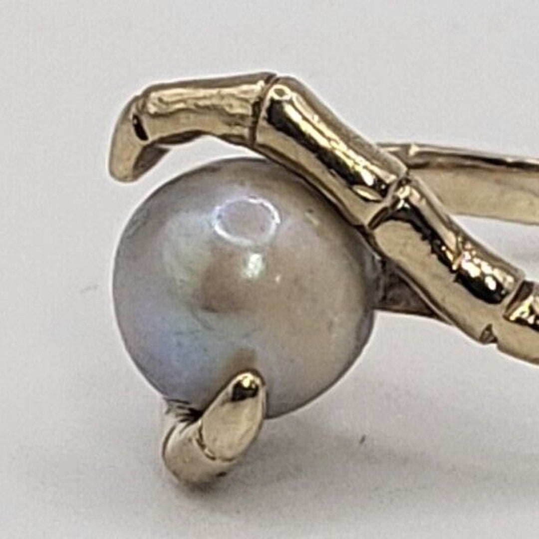 Vintage 14k Gold Natural Grey 7.8MM Pearl Bamboo Style Ring 3.6g, Sz 5.75