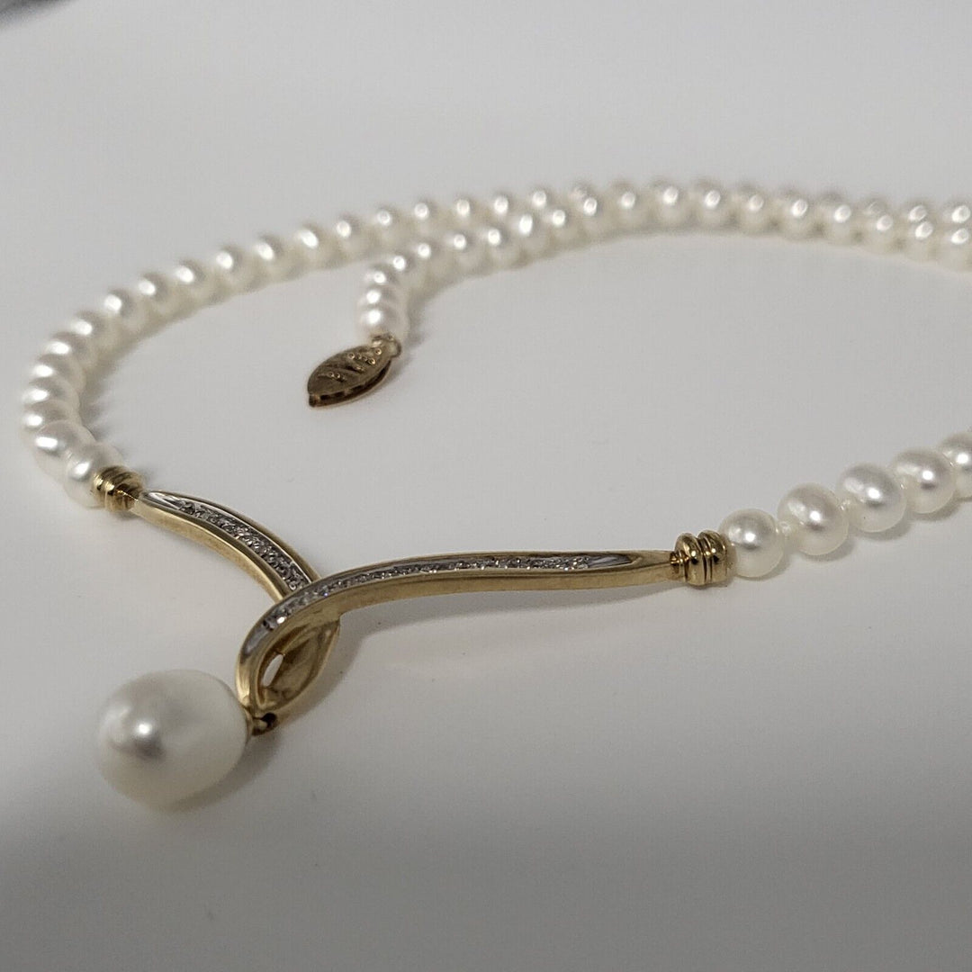 10k Yellow Gold Diamond With Pearls Necklace 18in