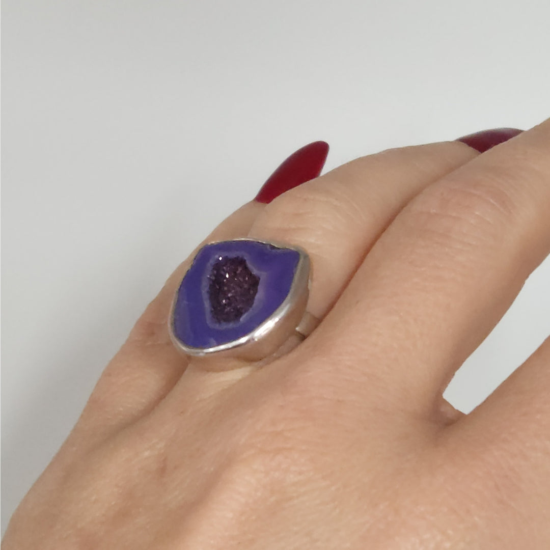 Sterling Silver Heat-Treated Purple Druzy Agate Statement Ring Size 8