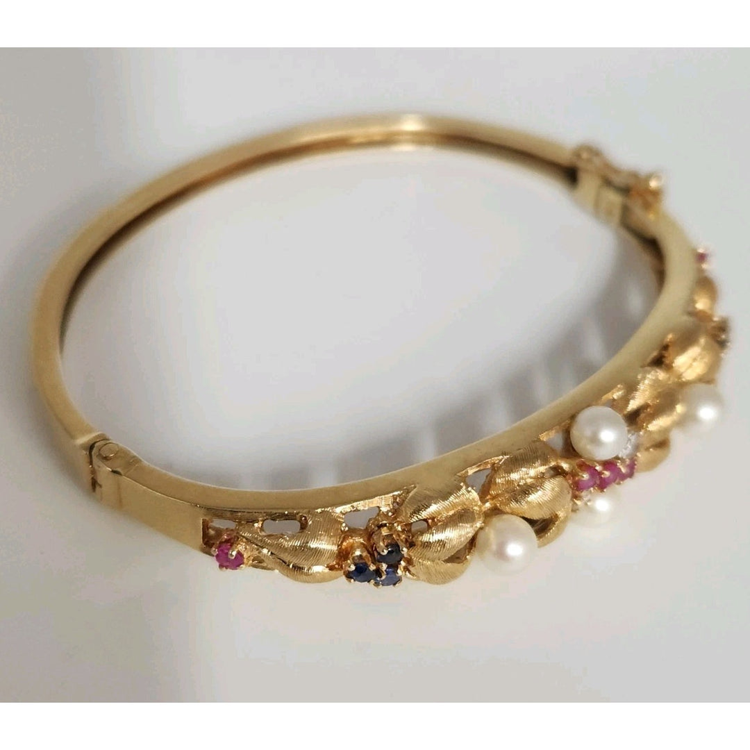 Antique 14k Yellow Gold Diamond,Pearls,Ruby &Sapphire Bangle Bracelets
