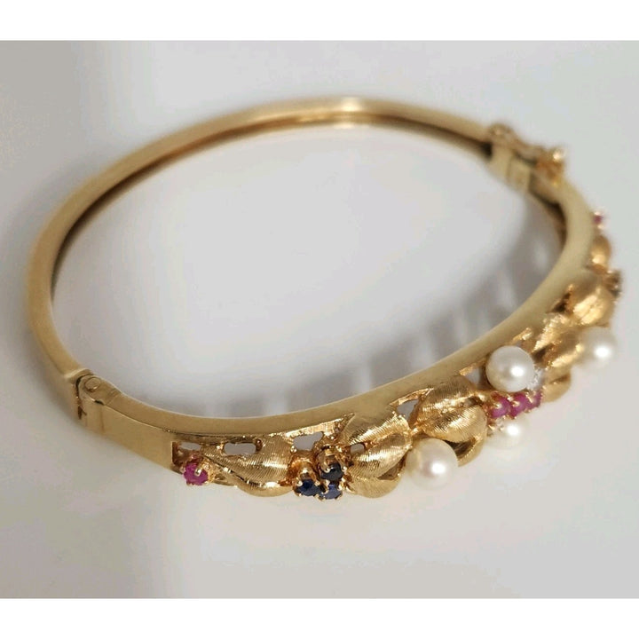 Antique 14k Yellow Gold Diamond,Pearls,Ruby &Sapphire Bangle Bracelets