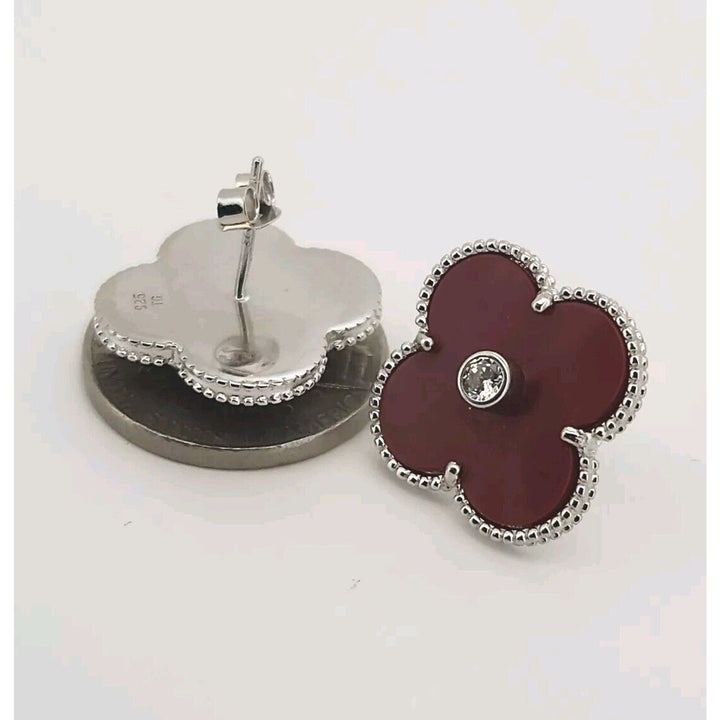925 sterling silver Red Agate Zirconia Stud Flower Earrings