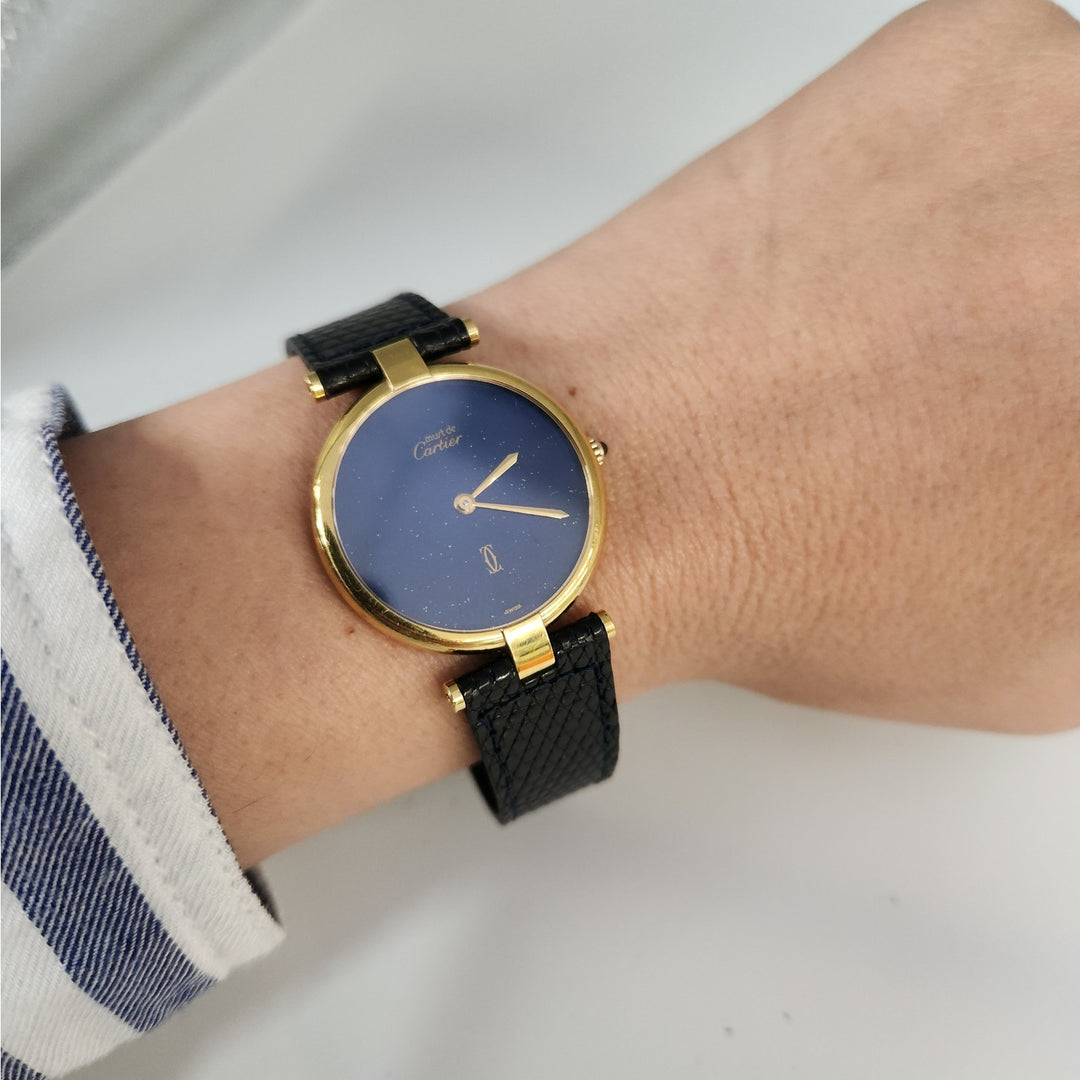 Must de Cartier 30MM Blue Dial Quartz Watch 925 Sterling Silver Gold Plated