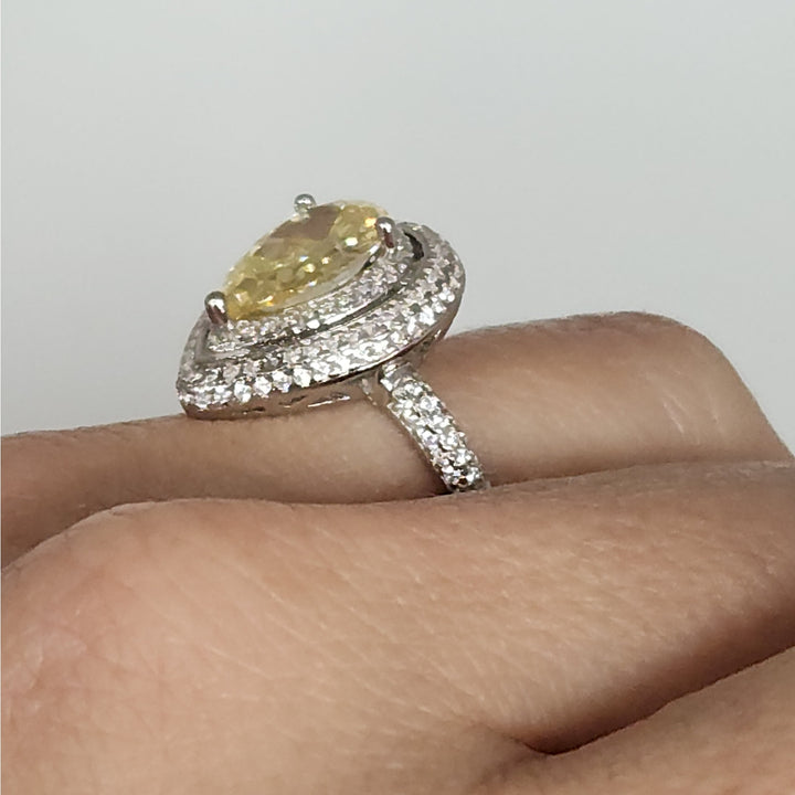 925 sterling silver Pear cut Yellow stone & zirconia Halo  Ring size 9