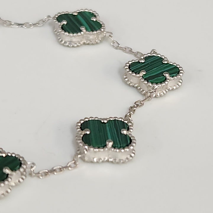 Fashion Silver Bracelet Malachite Floral Clover Links 8"