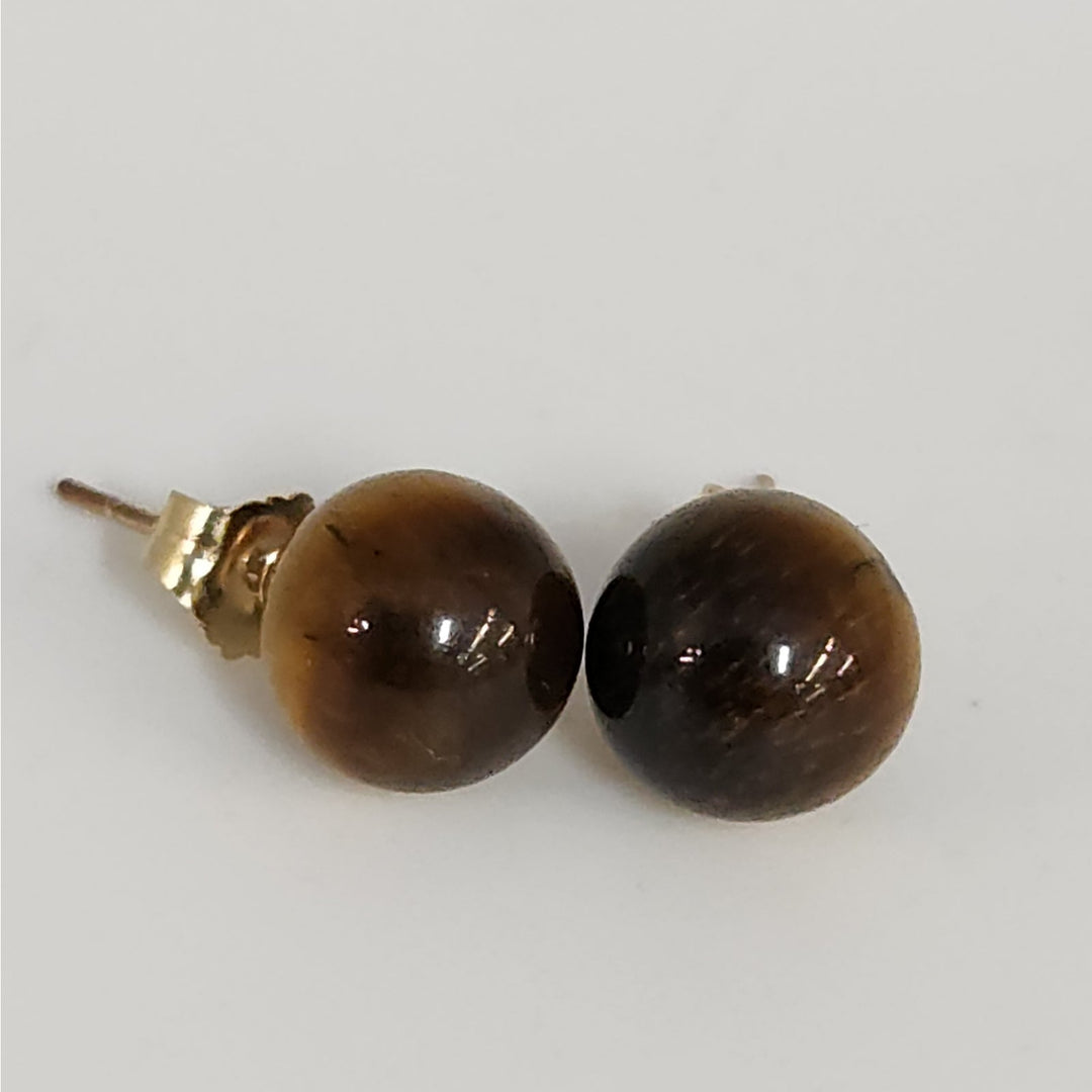 14k Yellow Gold Tiger's Eye Round Ball Stud Earrings