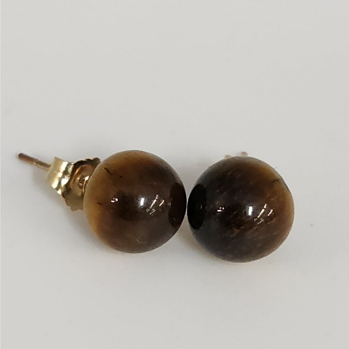 14k Yellow Gold Tiger's Eye Round Ball Stud Earrings