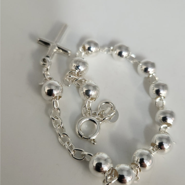 925 Sterling Silver Rosary Bead Cross Bracelet 7.5"