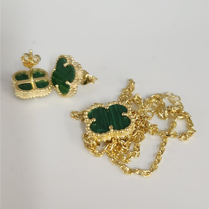 925 Silver Malachite Flowers Jewelry Set With Gold Tone Necklace And Earrings