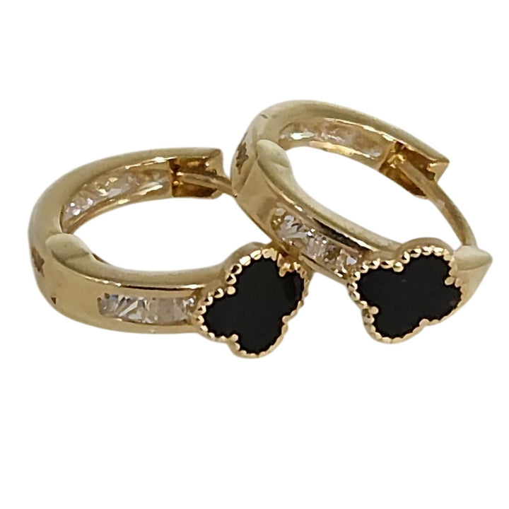 14k Yellow Gold Onyx Clover Hoop Earrings With Zirconia Accents