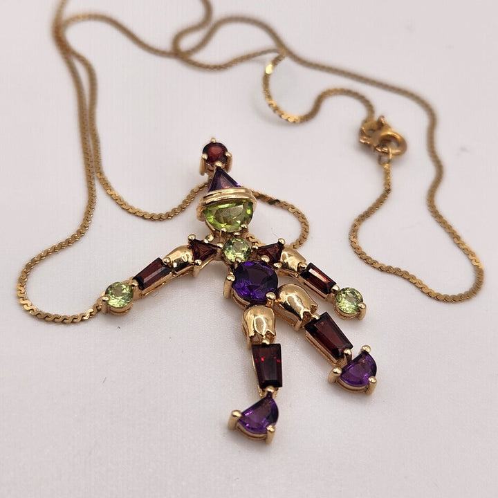 Whimsical 14k Yellow Gold Jester Natural Gemstones Pendant Necklace 16"