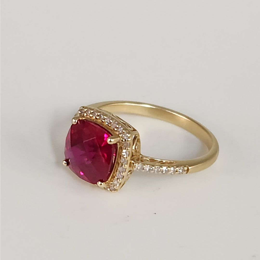 Vintage 14k Cushion Cut Ruby & Diamond Halo  Ring size 6.75