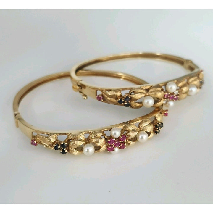 Set Of Antique 14k Yellow Gold Diamond,Pearls,Ruby &Sapphire Bangle Bracelets