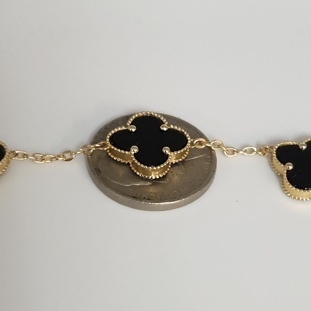 14k Yellow Gold Fashion Onyx Flowers Bracelet 7.5"