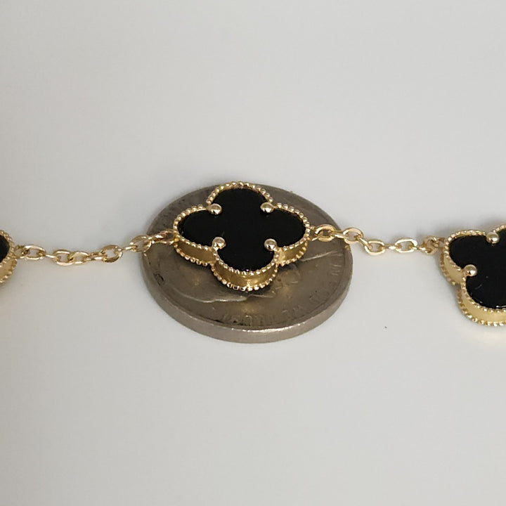 14k Yellow Gold Fashion Onyx Flowers Bracelet 7.5"