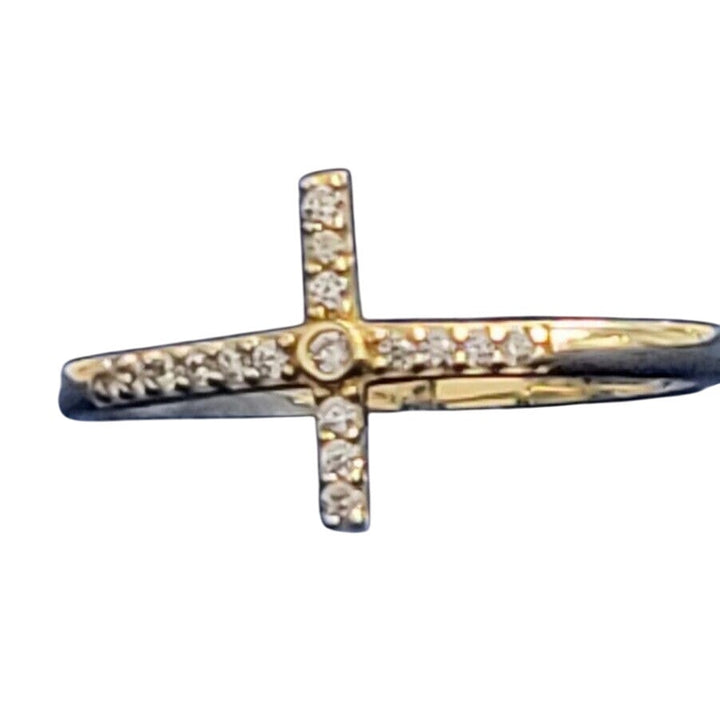 14k Gold Beaded Sideways Cross Ring